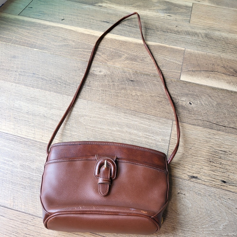 Liz Claiborne Vintage Brown Crossbody Bag Textured Faux Leather Buckle Detail
